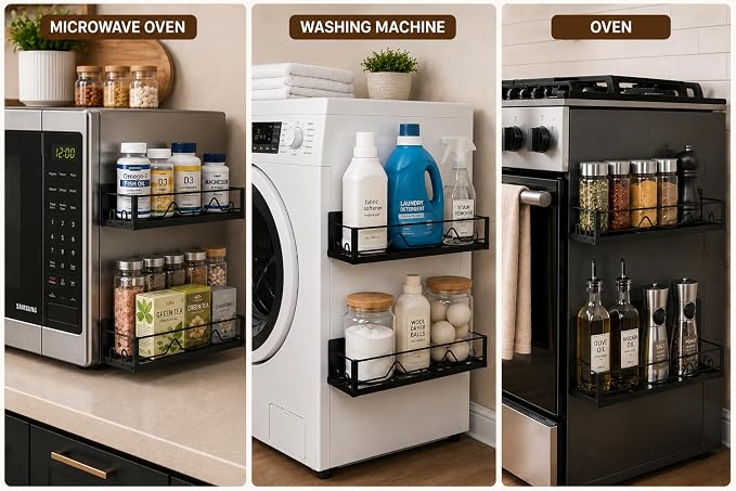 Magnetic Spice Rack for Refrigerator & Oven, 4 Pack XL Heavy Duty Magnetic Shelf for Fridge with Hooks, No Drill Rust Proof Shelves for Washer and Dryer, Sleek fridge magnet organizer