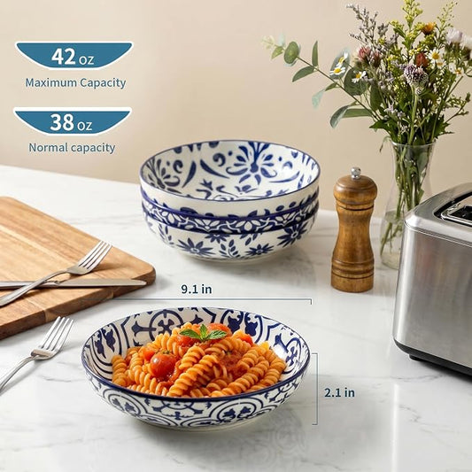 glowworm Pasta Bowls,42oz Ceramic Pasta Salad & Soup Bowls,Large Serving Bowls Set of 4 for Serving Cereal,Noodle,Dinner,Shallow Kitchen Bowls,Microwave Dishwasher Safe,Blue & White