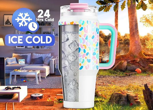 Meoky 32 oz Tumbler with Handle, Insulated Tumbler with Lid and Straw, Stainless Steel Travel Mug, Keeps Cold for 24 Hours, 100% Leak Proof, Fits in Car Cup Holder (Leopard)