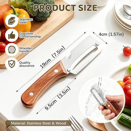2 Pack 2-in-1 Vegetable Peeler with Bottle Opener - Stainless Steel Blade, Wooden Handle, Heavy Duty Peeler for Potato, Carrot, Pineapple, Pumpkin, Sugarcane(Left and Right Combo)