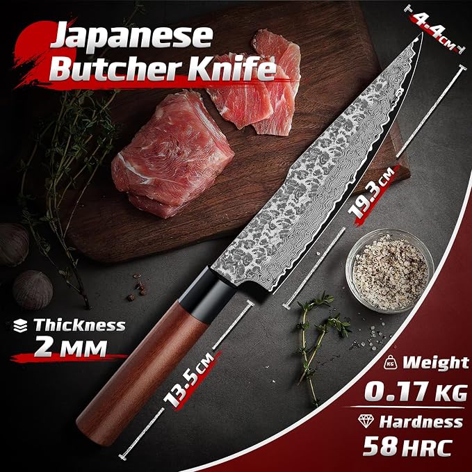 Huusk Japanese Chef Knife 7-Inch - Hand Forged Butcher Knife for Meat Cutting, VG10 Damascus Gyuto Chef Knives with Rosewood Handle, Meat Cleaver Boning Knife for Kitchen Cooking, Gifts for Men