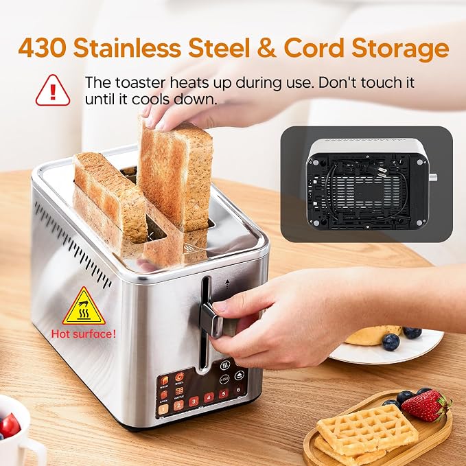 Touch Screen Electric Toaster 2 Slice, Stainless Steel Smart Toaster with Digital Timer, 1.38" Extra-Wide Slots for Bread& Bagel, Great for Home, Office,Dorm