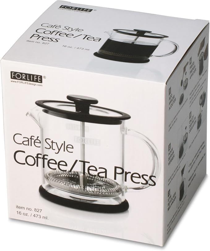 FORLIFE Cafe Style Glass Coffee/Tea Press, 16-Ounce, Black