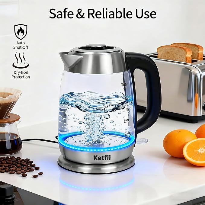 Electric Glass Kettle 1.8L, 1200W Fast Boil for Tea & Coffee, Auto Shut-Off & Boil-Dry Protection, BPA-Free, 304 Stainless Steel & Borosilicate Glass, Removable Lid for Easy Cleaning