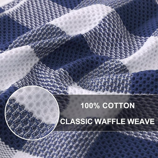 Homaxy Kitchen Towels and Dishcloths Set, 12 x 12 and 13 x 28 Inches, Set of 8 100% Cotton Waffle Weave Check Plaid Kitchen Dish Towels, Super Soft and Absorbent Dish Cloths, White & Navy Blue