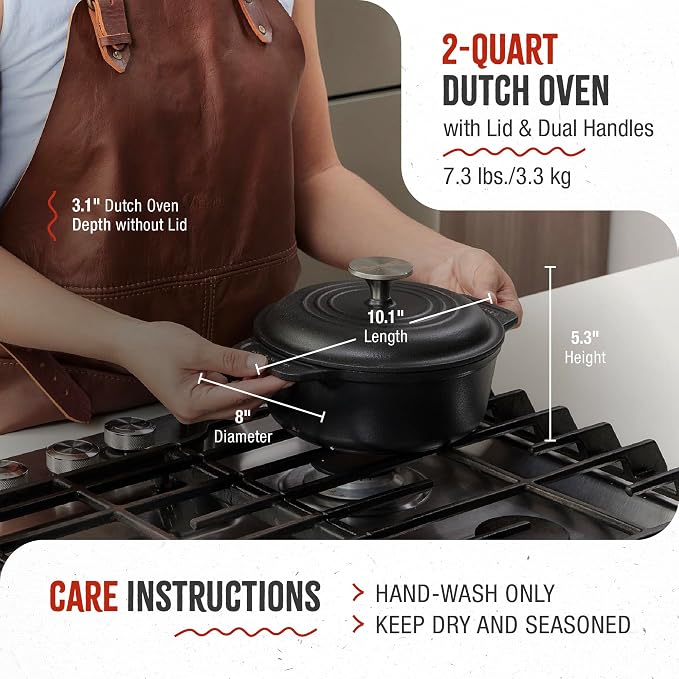 Victoria 2-Quart Cast Iron Dutch Oven with Lid and Dual Handles, Seasoned with Flaxseed Oil, Made in Colombia