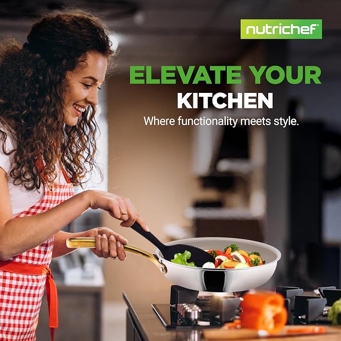 NutriChef 16-Piece Stainless Steel Kitchenware - Pots & Pans Set Clad Kitchen Cookware with Nylon Utensils, Fry Pan Interior Coated with Prestige Ceramic Non-Stick Coating, Stylish Kitchen Cookware