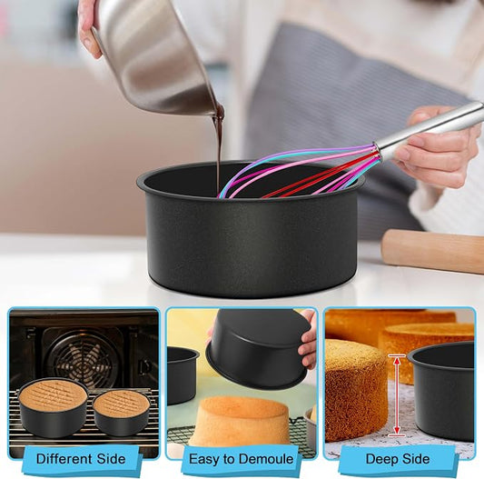 E-far Deep Cake Pan Set of 3 (6/8/9ยฝ Inch), Nonstick Stainless Steel Round Cake Pans Tins for Baking Layer Wedding Cakes, Stainless Steel Core & Nontoxic Coating, Deep & Straight Side