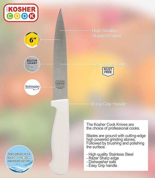 The Kosher Cook White Kitchen Knife – 6” Steak and Vegetable Knife - Razor Sharp Pointed Tip, Straight Edge - Color Coded Kitchen Tools