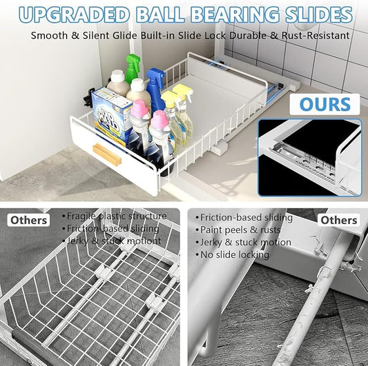 Under Sink Organizer Kitchen - Upgraded Professional Rails, 2 Tier Dual Pull Out Cabinet Storage, Height Adjustable Under Sink Storage, Metal Sliding Drawer for Kitchen & Bathroom, White, 1 Pack
