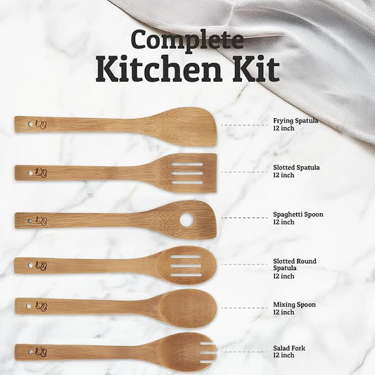 PriorityChef Wooden Spoons for Cooking, 6Pc Non Scratch Bamboo Cooking Utensils, Non-Toxic Wooden Utensil Set, Easy to Clean Kitchen Utensils Set for Everyday Use on All Cookware Types