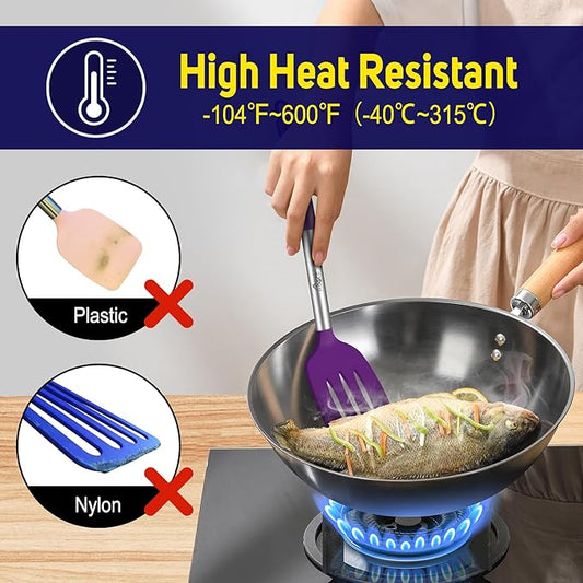 HOTEC Silicone Spatula Set of 2 Heat-Resistant 600°F & BPA-Free Kitchen SaptulaTurner with Stainless Steel Handles, Slotted & Solid Spatulas for Nonstick Cookware, 13.7 Inch, Purple