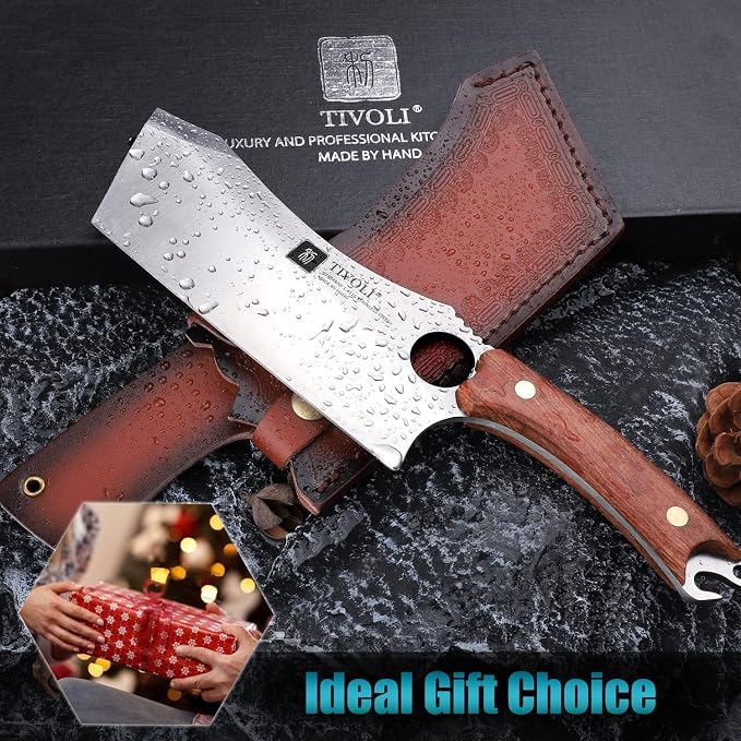 TIVOLI Meat Cleaver Knife Japanese Kitchen Vegetable Knife Sharp Meat Chopper Forged In Fire Full Tang Cleaver Knives with Sheath Bottle Opener for Outdoor Camping Men Women