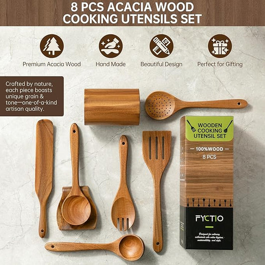 Wooden Utensil Set 8 PCS - Natural Non-Toxic Acacia Wooden Spoons for Cooking, Nonstick, Sturdy,Easy to Clean, Wood Kitchen Utensils Set with Holder, Spoon Rest, Ideal for Gifting