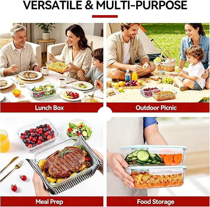 GEHE 2 Pack 52oz Large Glass Food Storage Containers with Lids, Meal Prep Container, Glass Storage Containers with Airtight Lids for Baking, Storing, Microwave/Freezer/Dishwasher Safe, BPA Free