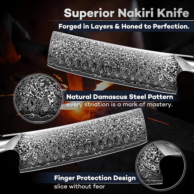 DRAGON RIOT Japanese Nakiri Knife, Damascus VG10 Meat and Vegetable Cleaver Knife, Ergonomic Wooden Handle, Elegant Gift Box for Men and Women
