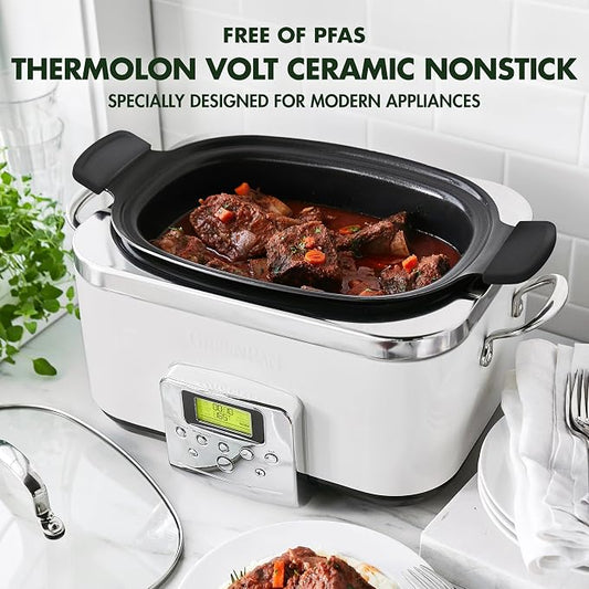 GreenPan Elite 8-in-1 Programmable 6QT Electric Slow Cooker, Dishwasher Safe Lid & Removable Crock, PFAS-Free Healthy Ceramic Nonstick Multi-Cooker, Sear, Sauté, Brown, Steam Basket, Roast, White