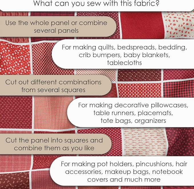 Cotton Satin Patchwork Fabric Panel – 35 Designs, 20×20 cm Squares, Single Piece 150×110 cm, Red Patchwork Quilt Fabric (Scarlet Love Patchwork Set, 35pcs 8x8 inch)