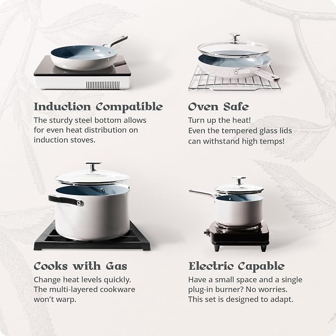 Premium Non-Toxic Ceramic Cookware Set – Triple-Layer Nonstick 12 Piece Pots and Pans with Lids, PFAS-Free, Oven Safe for Healthy Meals, Space-Saving Design, Birch White Color | Greater Goods
