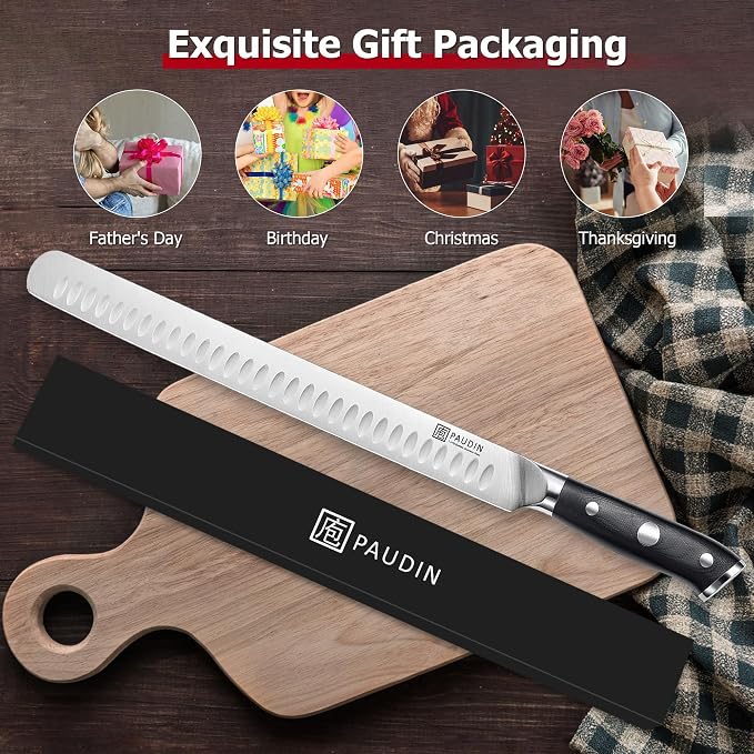 PAUDIN Brisket Knife, 12 Inch Dishwasher Safe Carving Slicing Knife for Meat, Razor Sharp German 1.4116 Steel Smoked Meat Cutter with Non-Slip Ergonomic G10 Handle & Gift Box, Perfect Gifts for Men