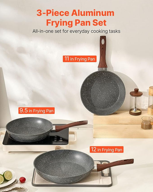 VEVOR Frying Pan Skillet,Nonstick Granite Egg Pan Omelet Pans, 3 Piece Set (9.5, 11, 12 in), Nonsitck Heavy-Duty Skillets with Heat-Resistant Handle, for Gas, Electric, Induction