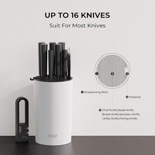 OOU Universal Knife Block Holder - Round Kitchen Knife Storage Unique Slot Design to Protect Blades, Space Saver Knife Organizer Detachable for Easy Cleaning, White
