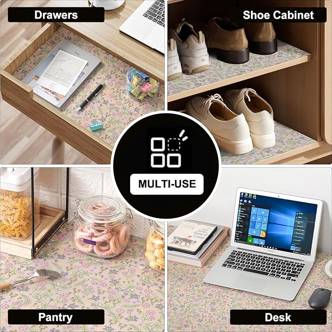 INNOLITES Shelf Liners for Kitchen Cabinets Non-Adhesive Drawer Liner with Floral, Waterproof Durable Easy to Clean, for Refrigerator, Shelves (Pink Purple Rose, 11.8" x 360")