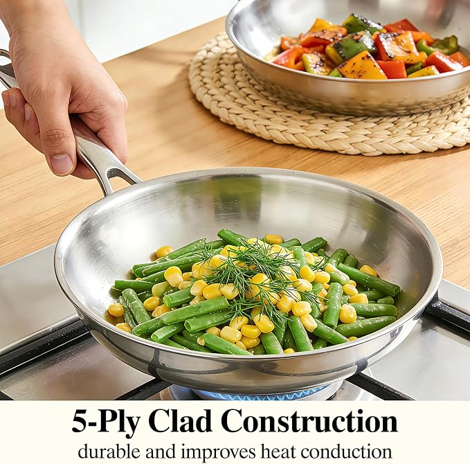 Stainless Steel Frying Pan Set with Lid, Umite Chef 3Pcs Skillet Set (Includes 8",10",12") - 5 Ply Stainless Clad - Heavy Duty & Professional Cookware Set, Fast & Even Heat, Dishwasher and Oven Safe