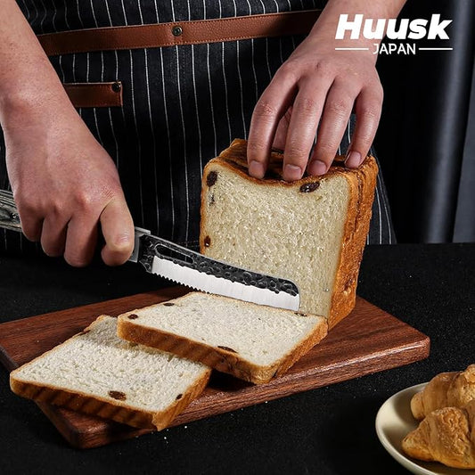 Huusk Japanese Folding Bread Knife - Pocket Knife with Wide Wavy Edge for Homemade Bread, Steak and Tomato - Hand Forged Kitchen Knives for BBQ, Camping and Travel - Gift for Men and Women