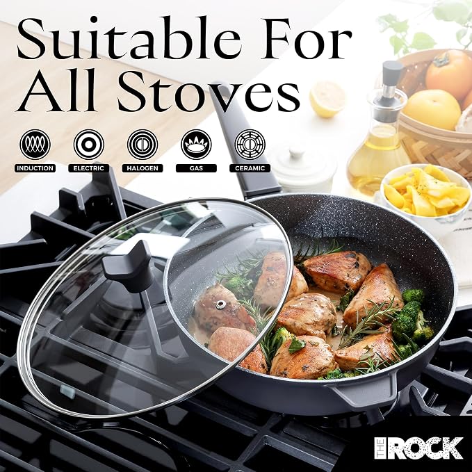 THE ROCK SOHO 12.5-Inch Nonstick Frying Pan Skillets with Lid– Compact for Urban Kitchens, Nothing Sticks, Never Warps, Lasts Longer, Oven & Dishwasher Safe, Black