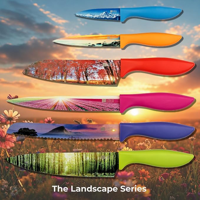 CHEF'S VISION Landscape Kitchen Knife Set – 6-Piece Stainless Steel Knives with Non-Stick Coating, Dishwasher Safe, Nature Design, Unique Gift for Nature Lovers