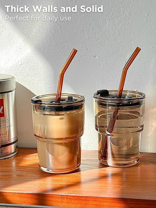 Olvini 13oz Glass Tumbler with Straw and Lid, Reusable Iced Coffee Cup Tumbler, Cute Glass Cups for Water, Matcha, Travel Coffee Mugs (Amber - 13oz)