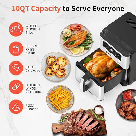 Air Fryer, 10 Quart Large Air Fryer for Families, 6 Cooking Functions AirFryer, 400°F Temp Controls in 5° Increments, Nonstick Dishwasher-Safe, 1700W, Black