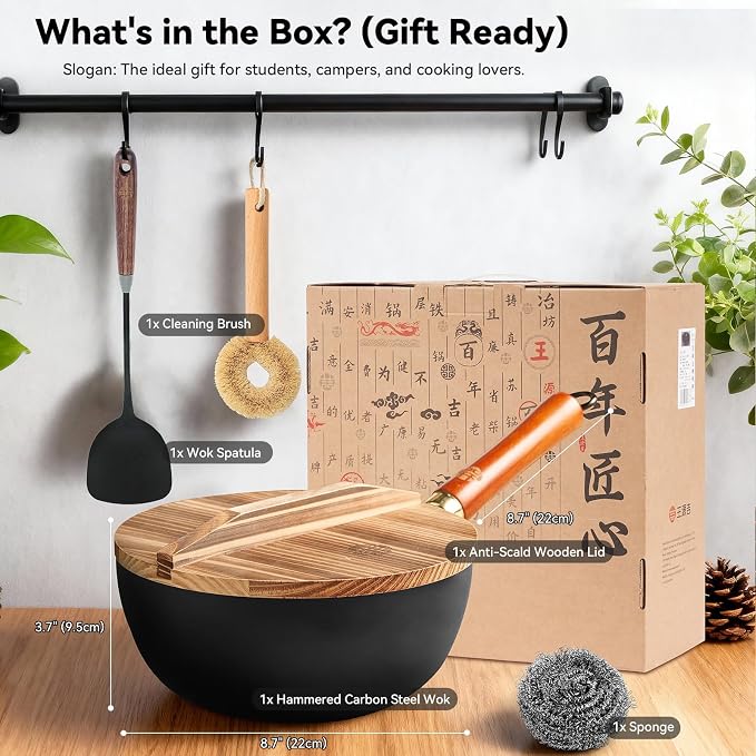 WANGYUANJI 8.7 Inch Carbon Steel Mini Wok with Wooden Lid & Detachable Handle, 2.2 Qt Small Wok Pan for 1–2 People, Flat Bottom Uncoated Stir Fry Pan for Ramen, Deep Frying, Gas & Induction