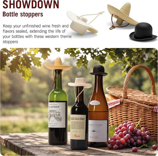 Monkey Business Showdown Silicone Wine Stoppers (Set of 3) – Fun selection of Cowboy Hats: Howdy, elCorko, & Bowler | Food-Grade, Leakproof Novelty Gifts for Wine Lovers