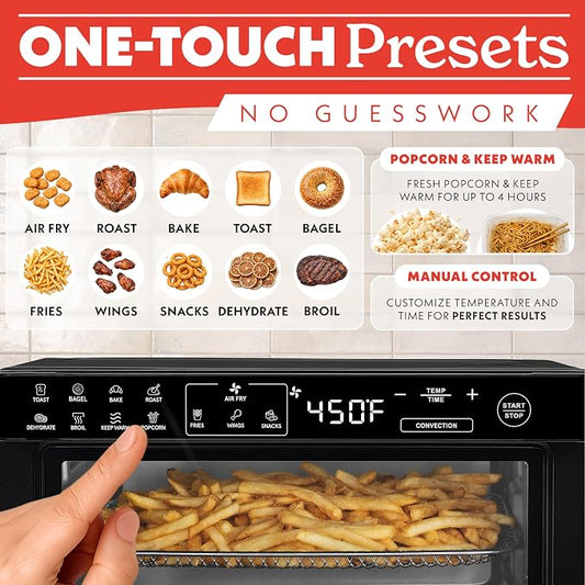 Gourmia Toaster Oven Digital Air Fryer - Convection Mode with 4 Slice Capacity, 3 Rack Positions, 12 Presets, Toast, Bagel, Bake, Roast, Broil, Dehydrate, Popcorn, Fits 9" Pizza, Black