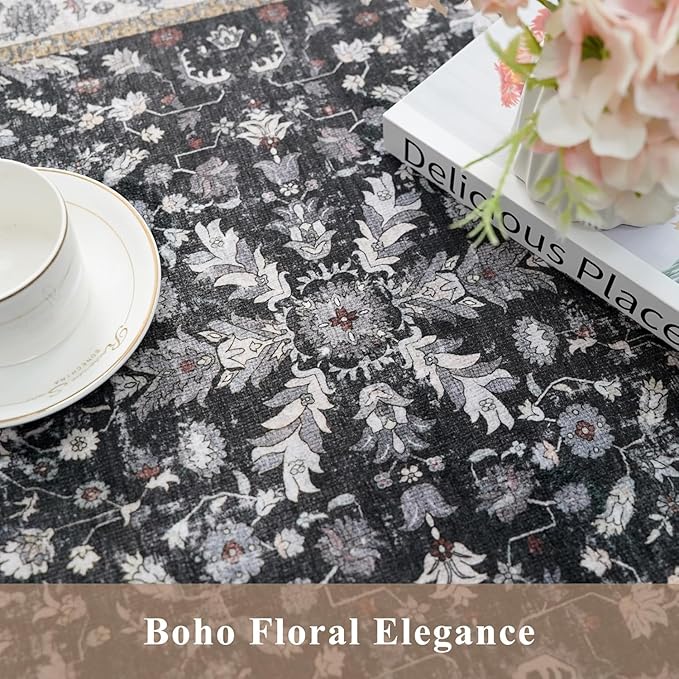 3x6 Kitchen Runner Rug Non Slip Washable - Soft Low Pile Stain-Resistant Wide Carpet Runner for Hallway Entryway Bedroom Bathroom with Rubber Backing - Boho Floral Door Mat(Black,3x6)