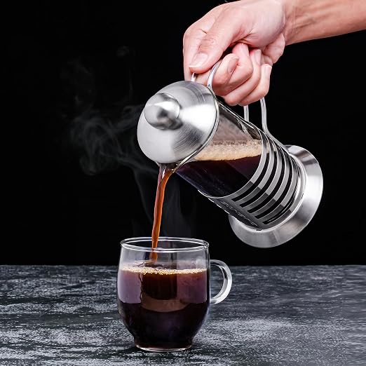 OVENTE French Press Coffee Maker 20 Ounce with Heat Resistant Borosilicate Glass, Stainless Steel Design and 4-Level Filter System, Portable Cold Brewer Pot for Travel, Camping or Gift, Silver FSH20S