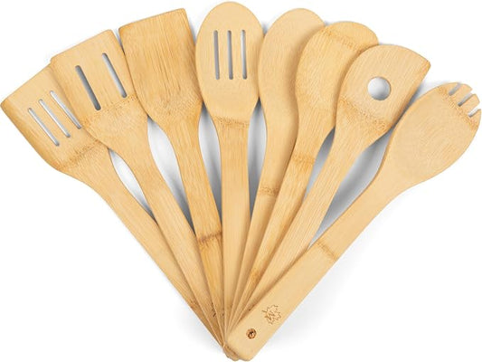 Bamboo Spoons for Cooking - Set of 8 Spoons - Wooden Cooking Spoons - Non-toxic & Organic Bamboo Cooking Utensils with Spoon Set & Spatula - Premium Kitchen Utensils