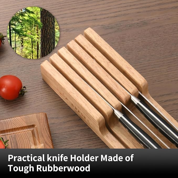 In-Drawer Knife Block with 5 Pieces Knives, Bamboo Knife Drawer Organizer for Kitchen, Perfect for Home and Chefs, Premium Knife Holder, Slots for 5 Knives Kitchen Drawer, Counter Top