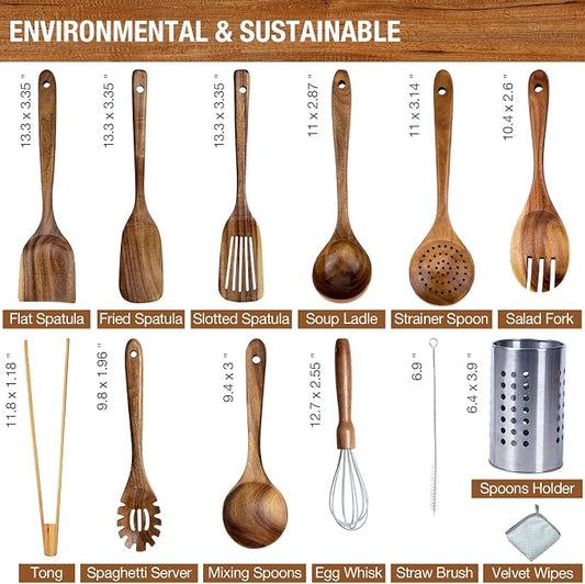 Premium Teak Wood Kitchen Utensil Set - 11-Piece Heat-Resistant Cooking Tools with Storage Holder, Non-Stick Wooden Spoons, Ladle, Turner, and More