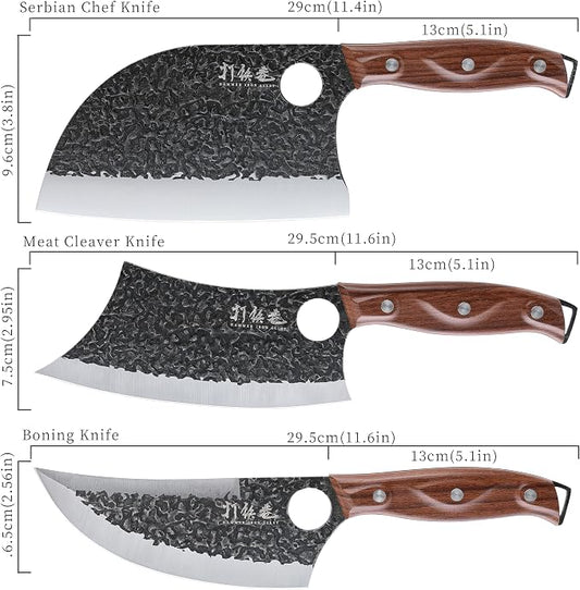 3PCS Butcher Knife Set, 7" Butcher Meat Cleaver, 7" Serbian Chef Knife and 6.5" Viking Knife, Hand Forged Kitchen Knife Set with Plastic Handle, Geat for Home, Camping, BBQ (Unique Finger Hole Design)