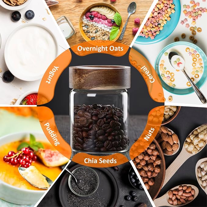 26 oz/850 ml Clear Glass Storage Canister with Airtight Wooden Lid, Small Overnight Oats Containers, Cute Decorative Salad Jar for Snacks Yogurt Spice Sugar Cereal Fruit Coffee Tea -4 Pack