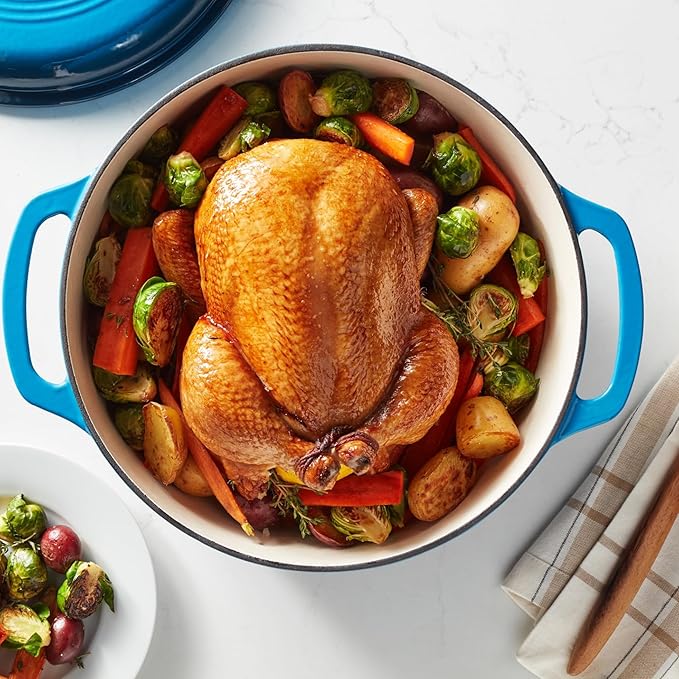Basics Enameled Cast Iron Dutch Oven Pot with Lid, Round, Dual Handles, Heavy-Duty, Oven Safe for Stews, Roasting, Baking, 7.3-Quart, Blue