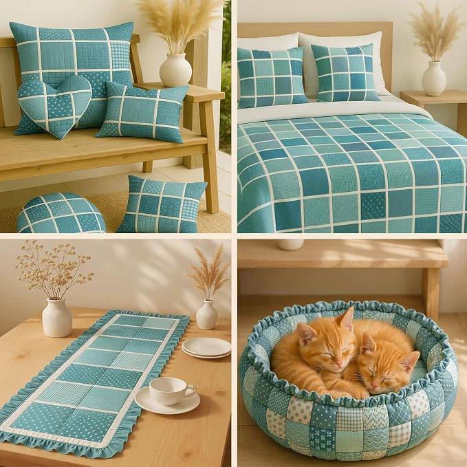 Cotton Satin Patchwork Fabric Panel โ 35 Designs, 20ร20 cm Squares, Single Piece 150ร110 cm, Green Patchwork Quilt Fabric (Turquoise Waves Patchwork Set, 35pcs 8x8 inch)