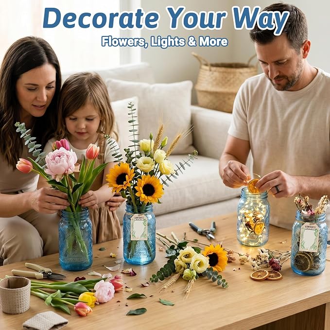 Blue Mason Jars 32 oz with Stainless Steel Leakproof Lids, 2 Pack Wide Mouth Colored Glass Jars for DIY Crafts, Wedding Centerpieces, Home Decor, Flower Vase, Bathroom Storage