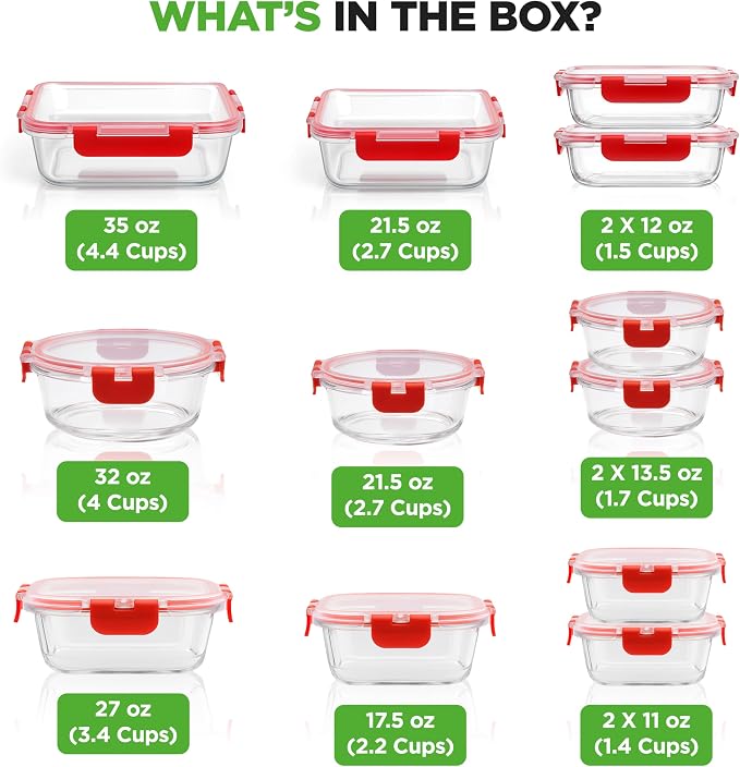 NutriChef 24-Piece Glass Food Storage Containers with Lids - 12 Stackable Heavy Duty Meal Prep Containers w/ 12 Airtight Lids - Microwave, Freezer, & Dishwasher Safe for Food, Snacks, & Fruit-(Red)