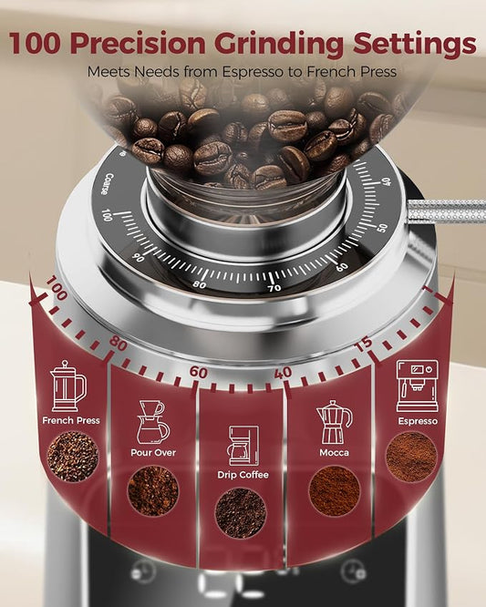 Tuni G3 64mm Flat Burr Coffee Grinder, 100 Grind Settings Electric Espresso Grinder with Single Dose Set | Commercial Grade Precision, Touchscreen | Anti-Static Tech | Stainless Steel (Silver)