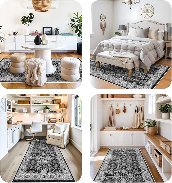 Washable 4x12 Hallway Runner Rug: Vintage Soft Carpet for Living Room Bedroom Stain Resistant Area Rug with Non-Slip Backing for Entryway Kitchen Thin Floor Mat for Bathroom Dining Room(Black,4x12)