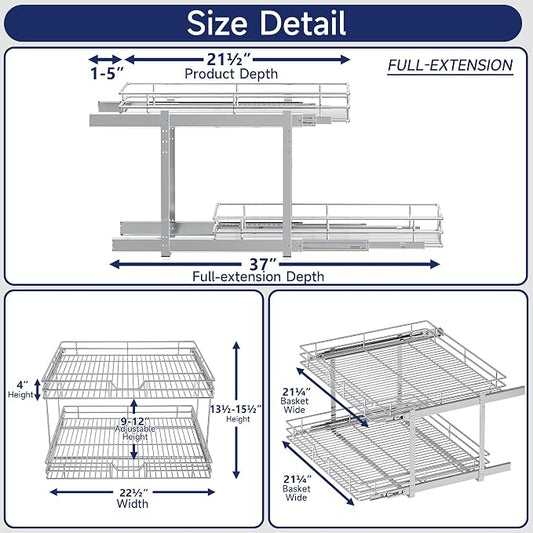 2-Tier Pull Out Cabinet Organizer, 22.5" W x 21.5" D, Heavy Duty Dual Slide Out Shelves for Wide Base Cabinets, Chrome Wire Basket Drawer for Pots, Pans, Pantry & Cleaning Supplies